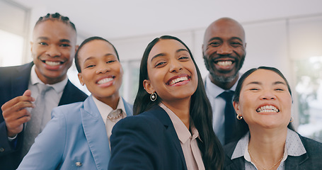 Image showing Happy business people, portrait and selfie for photography, picture or team building together at office. Face of employee group smile in diversity for community, teamwork or fun friends at workplace