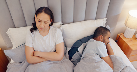 Image showing Frustrated couple, ignore and bed in breakup, fight or conflict from disagreement, argument or divorce at home. Man and woman in cheating affair, toxic relationship or mistake above in bedroom drama