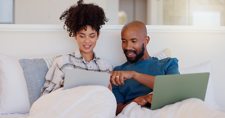 Image showing Home, bed and black couple with a laptop, typing and smile with love, bonding and streaming a movie. Bedroom, apartment and man with woman, connection and film with internet, happiness and relaxing