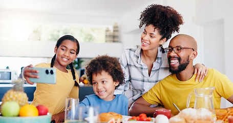 Image showing Selfie, breakfast and a black family eating in the kitchen of their home together for health, diet or nutrition. Food, photograph or memory with a mother, father and children together in an apartment