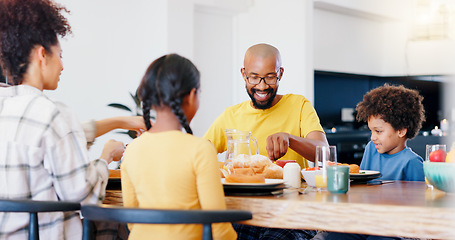 Image showing Happy family, food and parents with children for breakfast, lunch and eating together in home. African, meal and mom, dad and kids at table for bonding for health, nutrition and hunger in house