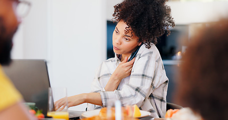 Image showing Remote work from home, woman and phone call with laptop, typing and internet in a lounge. Family, mother or father with a cellphone, mobile user or breakfast with communication, connection or network