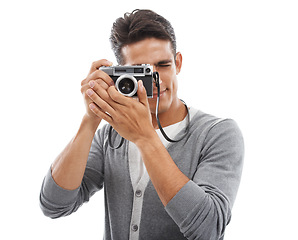Image showing Man, photographer and camera in studio portrait for creative career, portfolio and shooting on a white background. Young professional person with photography, lens and equipment in a model POV