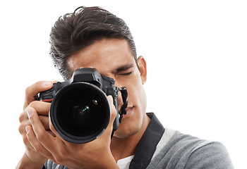 Image showing Photography, man or face with digital camera in studio for photoshoot, creative production or content creation on white background. Journalist, cameraman or photographer click lens for multimedia art