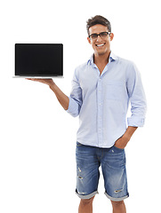 Image showing Portrait, man or mockup screen on laptop in studio for sign up offer, newsletter or information about us on white background. Happy model, computer or space for announcement, digital marketing or ads
