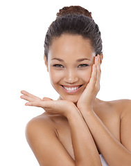 Image showing Woman, portrait and skincare glow in studio, smiling and happy with facial treatment by white background. Female person, face and wellness or cosmetics and dermatology, fresh and luxury grooming
