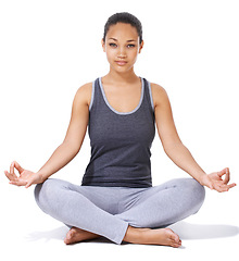 Image showing Yoga, meditation and portrait of woman in studio for zen fitness, holistic exercise and mindfulness or peace. African person on floor with lotus hands for wellness mental health on a white background