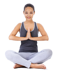 Image showing Woman, yoga and praying hands in studio fitness, meditation and holistic workout or mental health wellness. Portrait of a young person with calm, peace and zen exercise or faith on a white background
