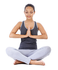 Image showing Woman, yoga and prayer hands in studio for mindfulness, meditation and holistic workout or mental health wellness. Person with hands together for peace, zen and spiritual faith on a white background