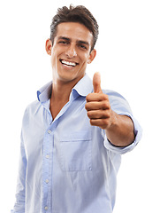 Image showing Portrait, man and thumbs up in studio for support, achievement or celebrate winner on white background. Happy model, emoji and like review for yes, feedback and vote for excellence, thank you or deal