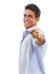 Image showing Portrait, man or pointing to you in studio for choice, decision or vote for winner on white background. Happy model show finger for recruitment, hiring emoji or invitation to join us for volunteering