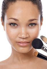Image showing Cosmetics, brushes and portrait of woman or model in studio for beauty, foundation and makeup. Closeup, face and young artist or person skincare, application tools and product on a white background