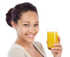 Image showing Happy, portrait or woman with orange juice in studio for wellness, nutrition or detox on white background. Face, smile or female nutritionist with glass of vitamin C, supplement or health fruit drink