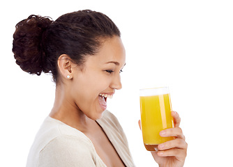 Image showing Happy, wow and woman with orange juice in studio for wellness, nutrition or detox on white background. Excited, smile or female nutritionist with glass of vitamin C, supplement or health fruit drink