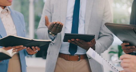 Image showing Closeup, hands and business people with teamwork, tablet and technology with circle, notebook and coaching. Staff, group and employees with mentor, documents and digital app with workshop and ideas