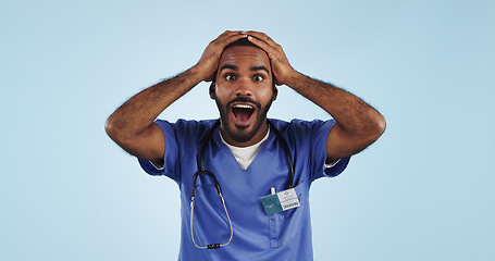 Image showing Wow, portrait and man nurse in studio with surprise hospital news, success or solution on blue background. Excited, face and male health expert with mind blown emoji for feedback, results or review