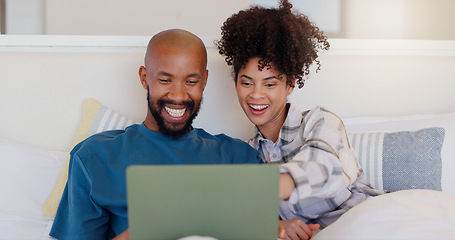 Image showing Home, bed and black couple with a laptop, relax and smile with love, internet and streaming a movie. Bedroom, apartment or man with woman, connection or film with website for comedy, happy or bonding