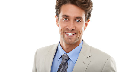 Image showing Happy businessman, portrait and fashion on mockup space in style against a white studio background. Face of young, handsome or attractive man or employee smile for career ambition or positive mindset