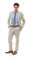 Image showing Business, man and portrait in studio of happy financial advisor, professional broker or pride for trading in suit on white background. Confident investment planner in corporate fashion for consulting