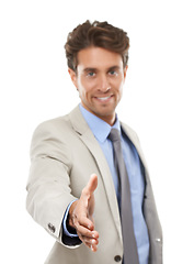 Image showing Business man, portrait and offer to shake hands in studio for welcome, b2b deal and HR introduction on white background. Worker, handshake and thank you for support, recruitment and congratulations