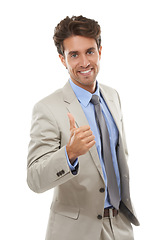 Image showing Portrait, business man and thumbs up in studio for winning deal, success icon or achievement on white background. Happy employee, emoji sign or like for feedback, vote yes or thank you for excellence