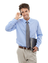 Image showing Happy businessman, phone call and discussion for communication or proposal on a white studio background. Man or employee smile and talking on mobile smartphone for business conversation on mockup