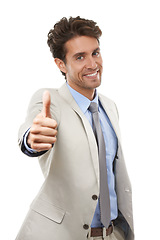 Image showing Thumbs up, portrait and business man in studio for success, winning deal and achievement on white background. Happy employee, emoji sign and like for feedback, vote yes and thank you for excellence