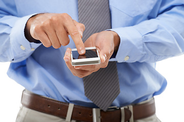 Image showing Businessman, phone and hands typing for research, social media or networking against a white studio background. Closeup of man or employee on mobile smartphone for UX, communication or online search