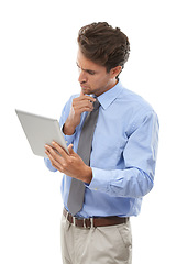 Image showing Businessman, tablet and thinking in brainstorming, research or schedule on a white studio background. Man or employee on technology for online search, networking or planning ideas, tasks or agenda