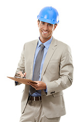 Image showing Happy businessman, portrait and architect with clipboard or hard hat for signing or inspection on a white studio background. Man, contractor or engineer with documents in architecture or construction