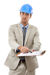 Image showing Businessman, portrait and clipboard of architect for signing contract or agreement on a white studio background. Man, contractor or engineer with document for permission, architecture or construction