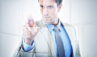 Image showing Businessman, UI and touching digital interface or hologram for future interaction on mockup space. Man or employee with display for UX, choice or selection on futuristic HUD in business or connection