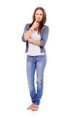 Image showing Woman, face and thinking or question in studio with ideas, contemplating and doubt with problem solving. Person, mock up space and thoughtful with relax, decision and wondering on white background