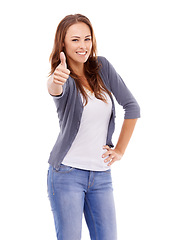 Image showing Thumbs up, portrait or woman in studio for winner, achievement or celebrate deal on white background. Happy model, emoji sign or yes for feedback, promotion and thank you for excellence, vote or like