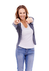 Image showing Woman, portrait and pointing to you in studio for choice, vote and decision of winner on white background. Happy model, finger and recruitment for volunteering, hiring emoji or invitation to join us