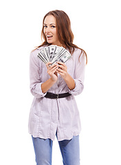 Image showing Woman, portrait or money fan of dollar bills in studio for investment, financial freedom or lottery prize on white background. Happy winner, profit or income of bonus, cash notes or wealth of savings