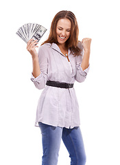Image showing Woman, dollars or celebrate money fan in studio for wealthy deal, giveaway or lottery prize on white background. Excited winner, fist and bonus of profit, income or cash investment, savings or reward