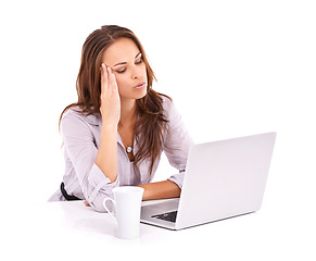 Image showing Woman with headache, laptop glitch and burnout, technology fail on white background. Stress, tired worker and mistake online with migraine in studio, 404 on internet with business website crisis