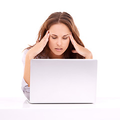 Image showing Woman, headache and stress for laptop glitch, burnout and technology fail on white background. Pain, frustrated and mistake online with migraine, web 404 and overwhelmed with site crisis in studio