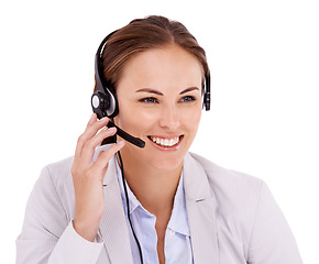 Image showing Woman, callcenter and headset with microphone for phone call, communication and CRM on white background. Customer service, telemarketing and help desk agent in studio with contact us and tech support