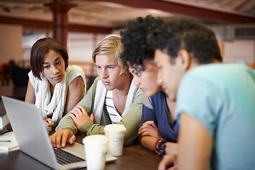 Image showing Teamwork, laptop or students studying in school, university library or college campus for education. Diversity, elearning or group of people with scholarship, reading news, research or online course