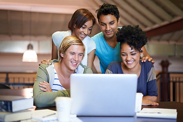 Image showing Teamwork, laptop or students studying in college, university library or school campus for education. Group, elearning or happy people with scholarship, reading news, research or online course info