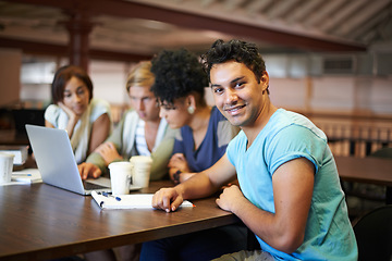 Image showing Happy man, laptop or portrait of students studying for school, university library or college campus education. Diversity, elearning or group of people with notes, teamwork or online course research