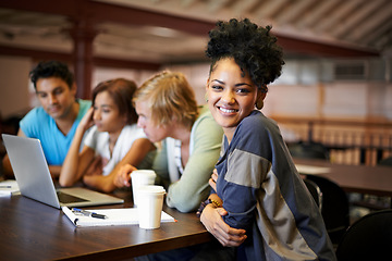 Image showing Group, laptop or portrait of happy woman studying for school, university project or college education. Students, elearning or people with teamwork or online course research for library knowledge
