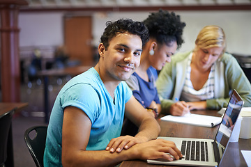 Image showing Portrait of man, laptop or students in library studying for education in university, college or school. Smile, elearning or people with scholarship on campus reading news, research or online course