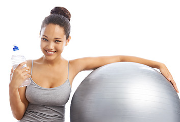 Image showing Happy woman, portrait and water with exercise ball in fitness against a white studio background. Face of female person smile for bottle, natural mineral drink or gym equipment for hydration on mockup