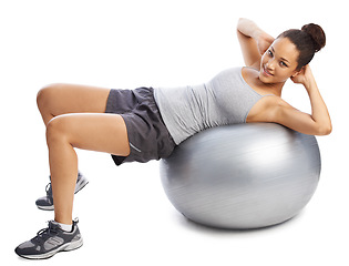 Image showing Happy woman, portrait and exercise ball in pilates for fitness or workout against a white studio background. Female person or athlete training on round object or gym equipment for body stretching