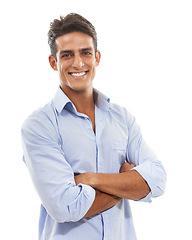 Image showing Businessman, portrait and happy in studio with arms crossed for corporate startup or leadership. Entrepreneur, person and face with confidence, pride and professional for career on white background