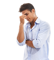 Image showing Business man, stress and headache in studio for burnout, pain and risk of bankruptcy on white background. Tired, fatigue and frustrated worker with brain fog, vertigo challenge and doubt for mistake