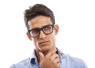 Image showing Businessman, face and thinking in studio with question, planning and problem solving with glasses and hand. Entrepreneur, person and thoughtful for solution, idea and insight on white background